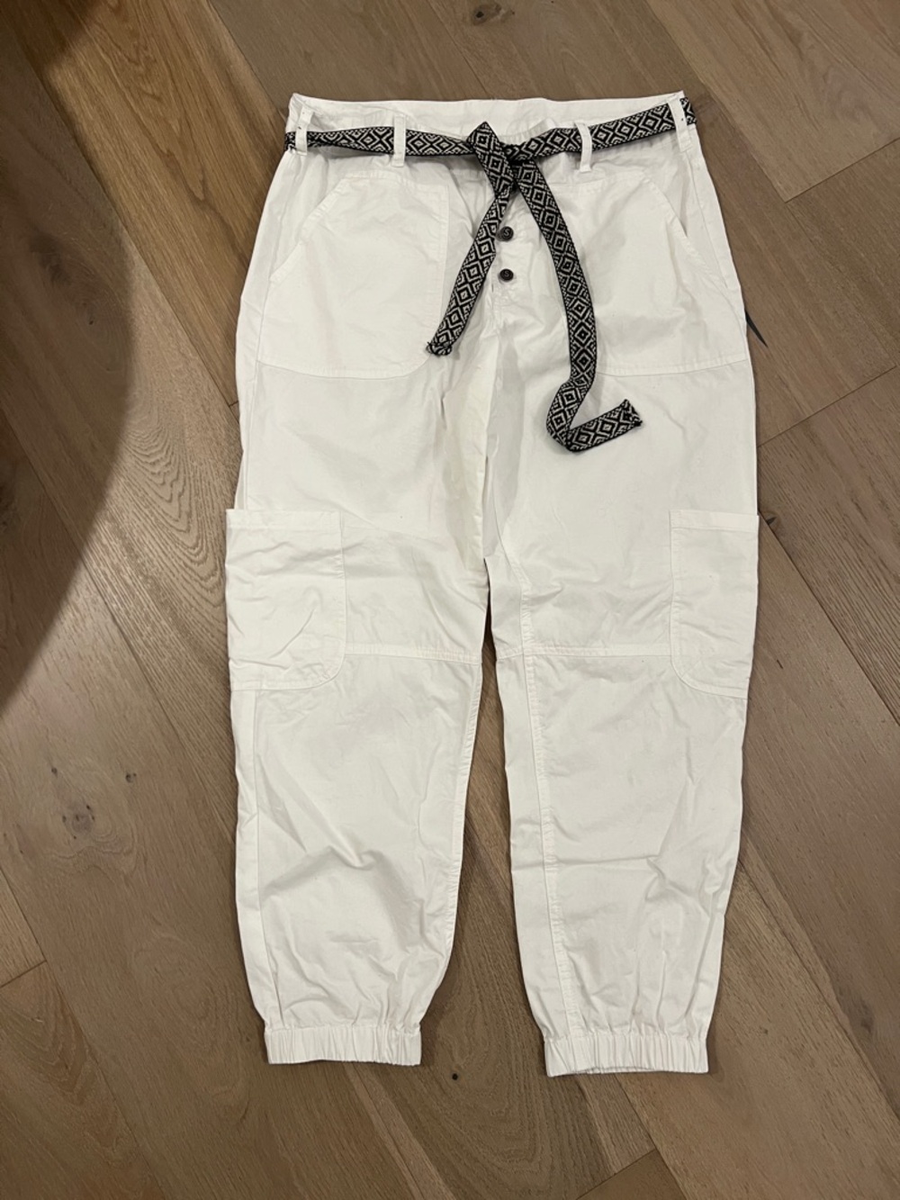 White Cargo Jogger Pants with Black Patterned Belt